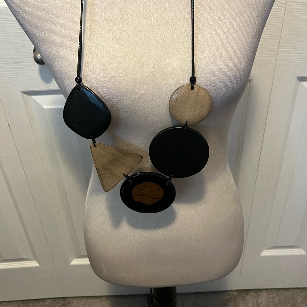 Statement Wood and Resin Geo Pendant Necklace - Black & Natural Wood